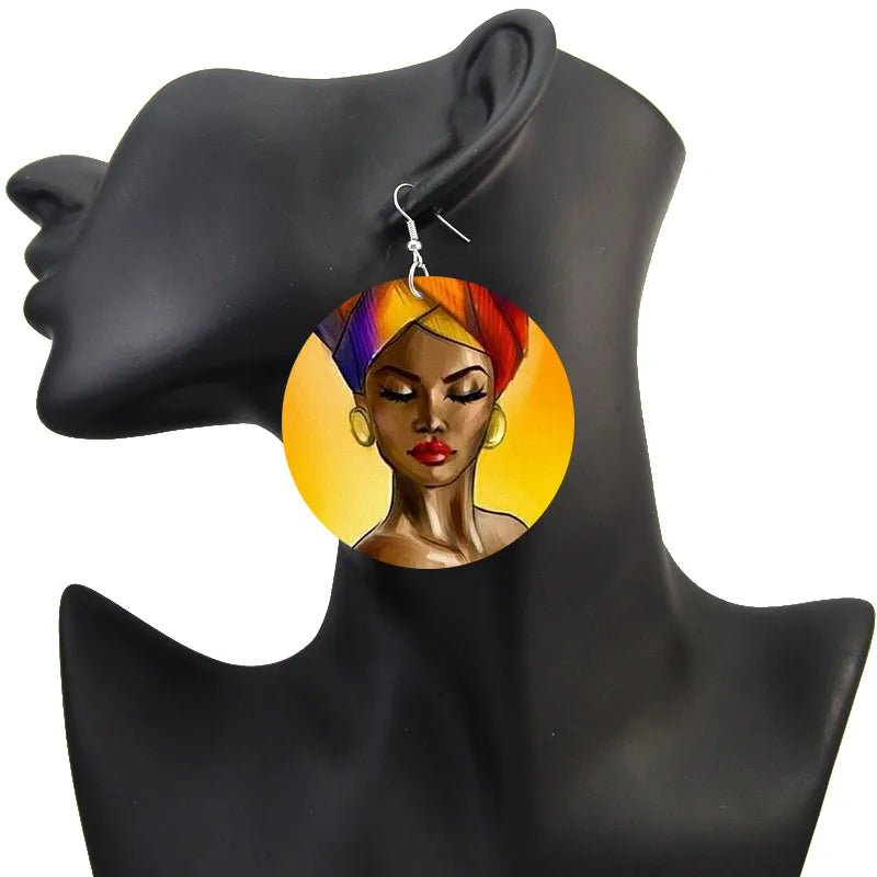 Afro Natural Hair Painted Wood Drop Earrings Lovely Baby Headwrap Woman African Queen Black Soul Art Printable Jewelry