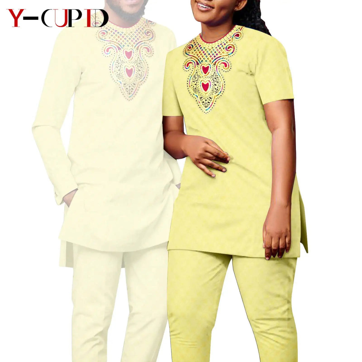 Bazin Riche Couple Outfit – Women’s Jacquard Top & Pants Set with Matching Men’s Kaftan Party Wear - Free Delivery Worldwide only at Flexi Africa