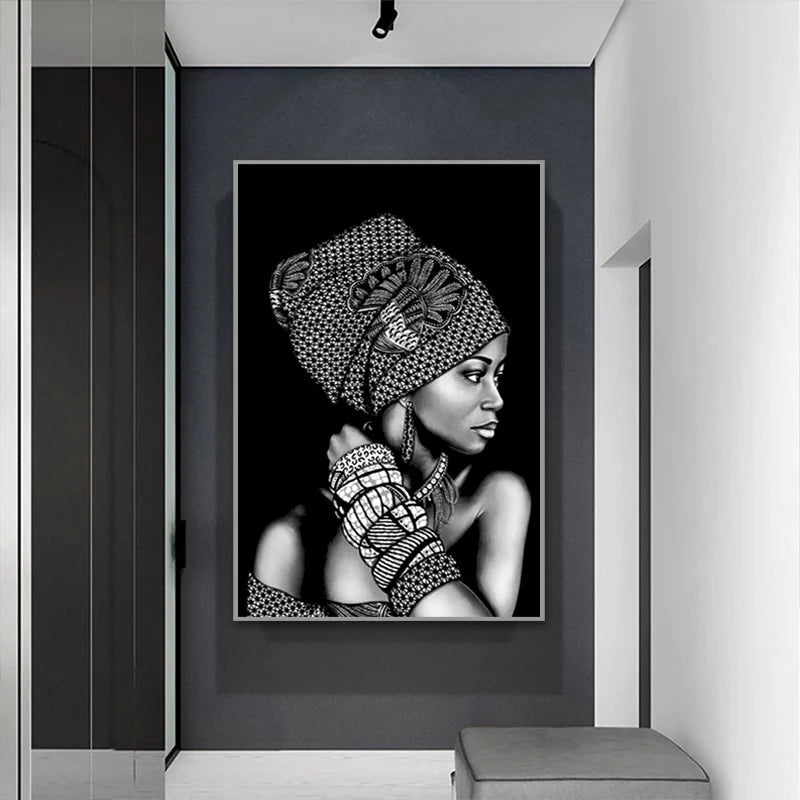 Black and White African Portrait Canvas Painting: Elegant Wall Art for Living Room and Home Décor - Flexi Africa - Flexi Africa offers Free Delivery Worldwide - Vibrant African traditional clothing showcasing bold prints and intricate designs