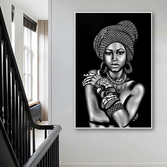 Black and White African Portrait Canvas Painting: Elegant Wall Art for Living Room and Home Décor - Flexi Africa - FREE POST