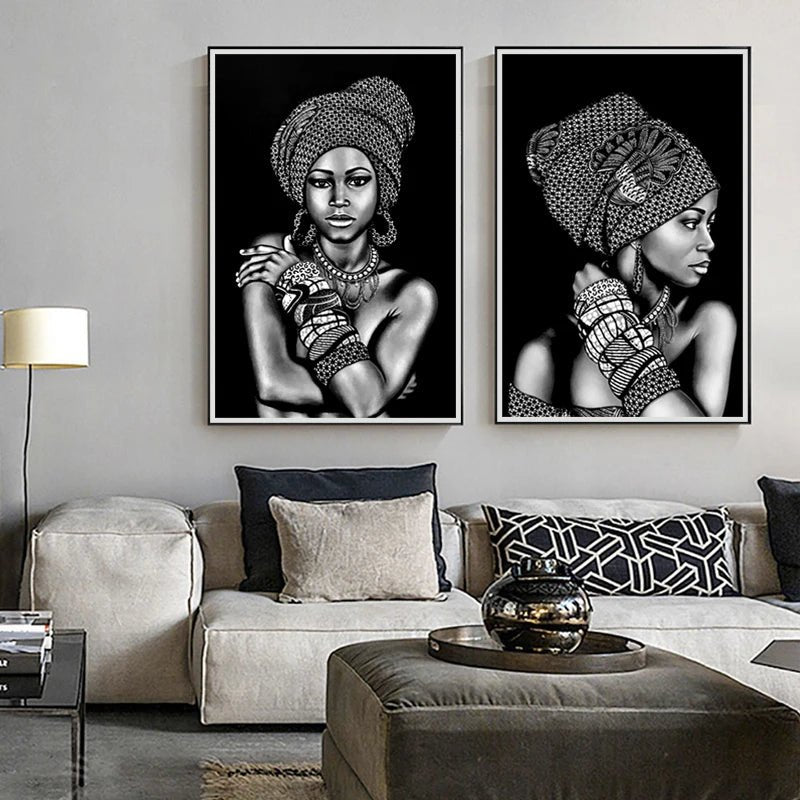 Black and White African Portrait Canvas Painting: Elegant Wall Art for Living Room and Home Décor - Flexi Africa - Flexi Africa offers Free Delivery Worldwide - Vibrant African traditional clothing showcasing bold prints and intricate designs