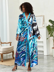 Boho Chic: Plus Size Lotus Print Kimono Cover Up with Open Front and Belt - Free Delivery Worldwide only at Flexi Africa