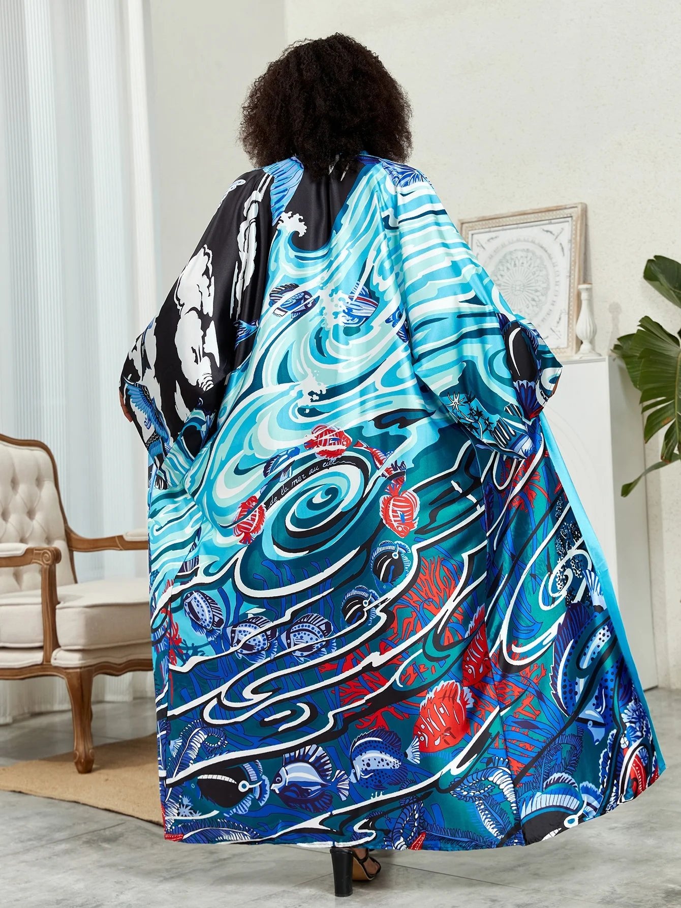 Boho Chic: Plus Size Lotus Print Kimono Cover Up with Open Front and Belt - Free Delivery Worldwide only at Flexi Africa