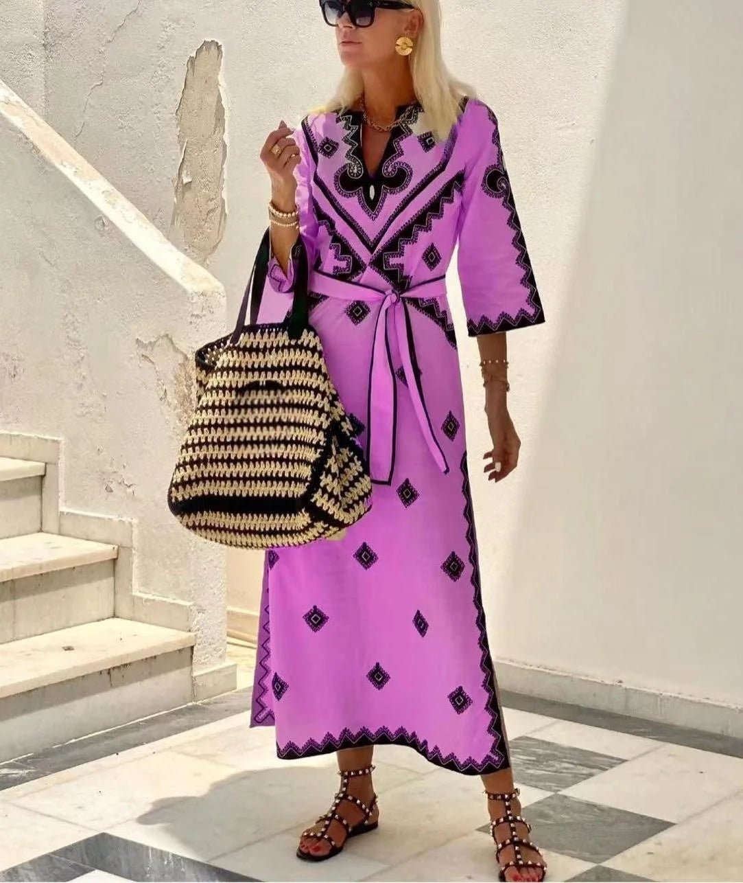 Boho Chic: Vintage V - Neck Dress with Belt - Perfect Spring/Autumn Casual Fashion for Women - Flexi Africa - Free Delivery Worldwide only at www.flexiafrica.com