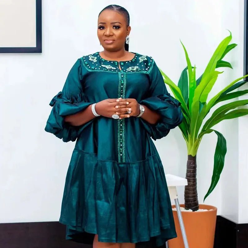 Chic Plus Size African Diamond Dress: Stylish Loose Fit, Elegant Puff Sleeves - Flexi Africa - Free POST www.flexiafrica.com