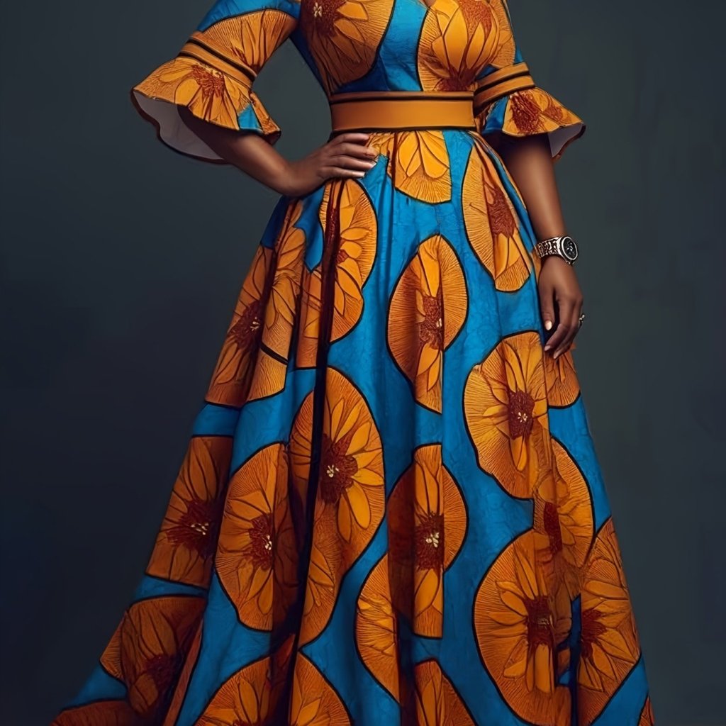 Chic V - Neck Printed Dress – Flare Sleeves & Slim - Fit Zipper Waist - Free Delivery Worldwide only at Flexi Africa