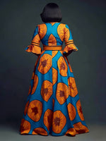 Chic V - Neck Printed Dress – Flare Sleeves & Slim - Fit Zipper Waist - Free Delivery Worldwide only at Flexi Africa