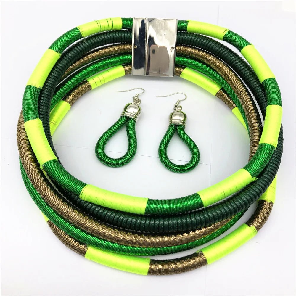 Colorful Rope Weave African Necklaces: Multilayer Tribal Choker Earrings Set - Flexi Africa - Flexi Africa offers Free Delivery Worldwide - Vibrant African traditional clothing showcasing bold prints and intricate designs