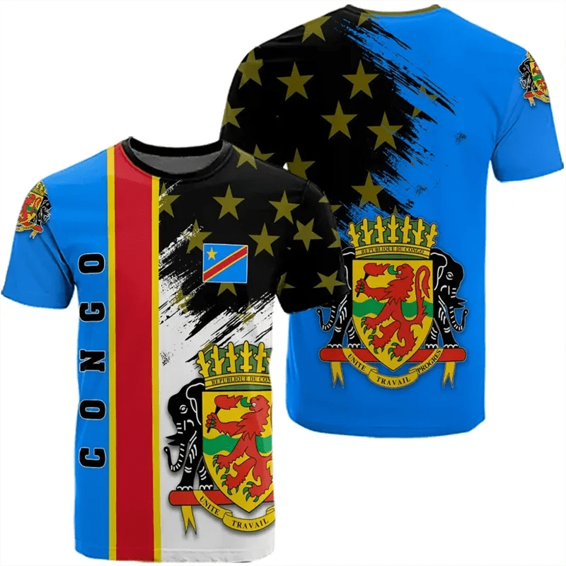 Congo Coat of Arms Graphic T-Shirt – Men’s & Kids’ 3D Print Summer Short Sleeve Casual Top - Free Delivery Worldwide only at Flexi Africa