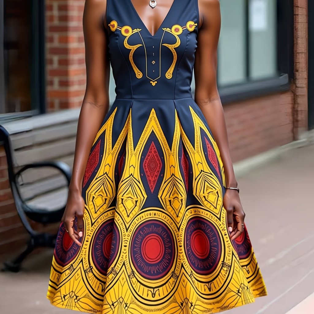 Curvy Fit Printed V - Neck Sleeveless Waist Dress - Free Delivery Worldwide only at Flexi Africa