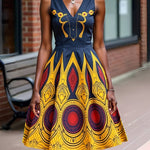 Curvy Fit Printed V - Neck Sleeveless Waist Dress - Free Delivery Worldwide only at Flexi Africa