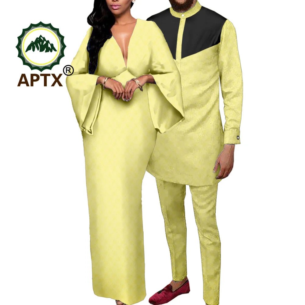 Dashiki African Couple Clothing – Sexy V - Neck Women’s Prom Dress with Matching Men’s Shirt & Pants Set - Free Delivery Worldwide only at Flexi Africa