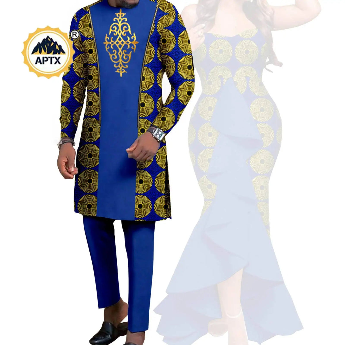 Dashiki African Couple Wedding Set – Women’s Mermaid Dress & Matching Men’s Bazin Riche Shirt and Pants - Free Delivery Worldwide only at Flexi Africa