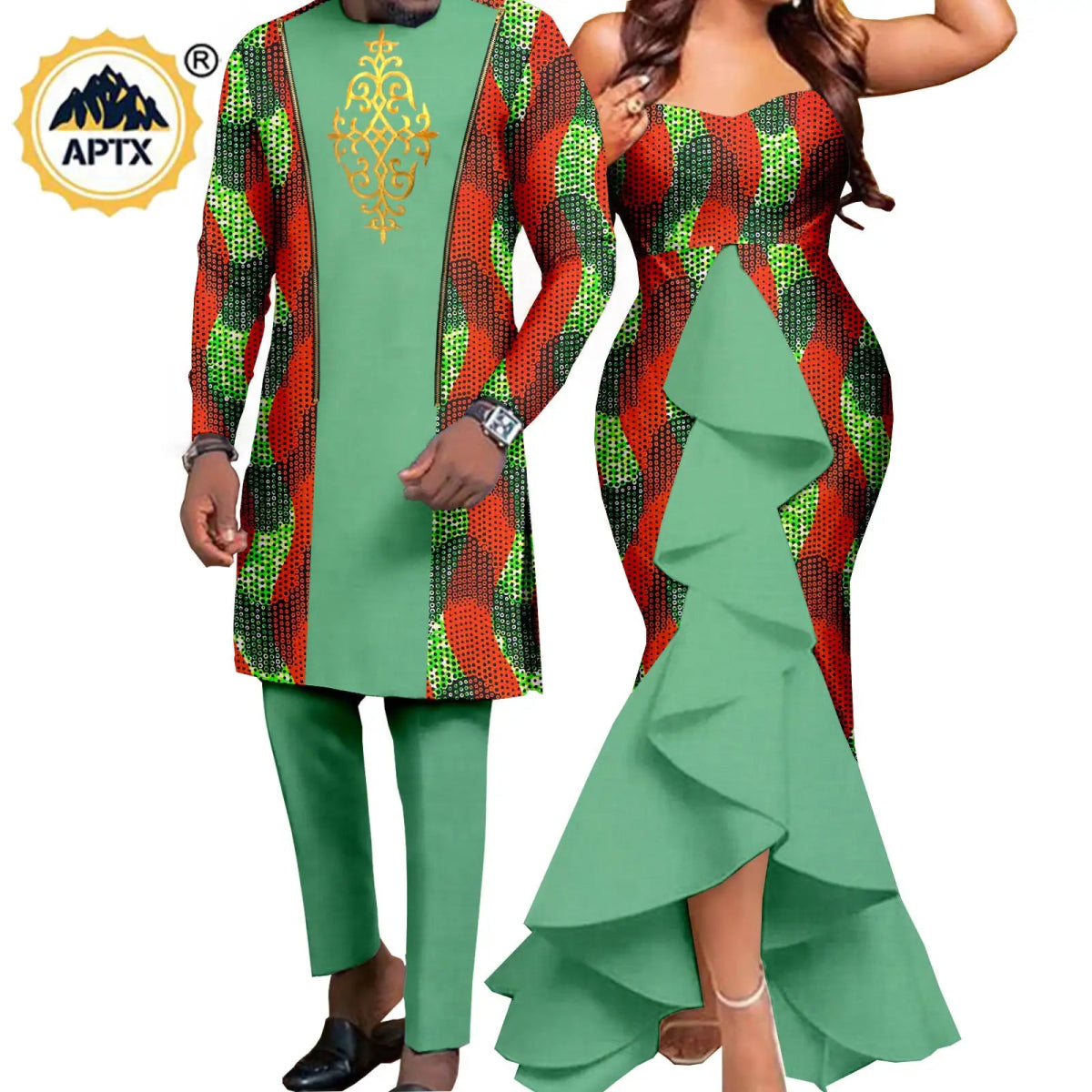 Dashiki African Couple Wedding Set – Women’s Mermaid Dress & Matching Men’s Bazin Riche Shirt and Pants - Free Delivery Worldwide only at Flexi Africa