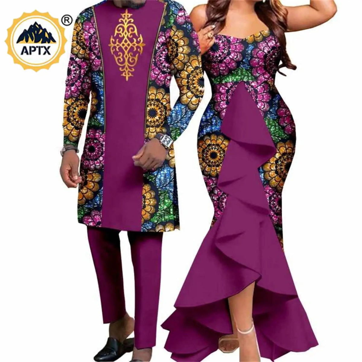 Dashiki African Couple Wedding Set – Women’s Mermaid Dress & Matching Men’s Bazin Riche Shirt and Pants - Free Delivery Worldwide only at Flexi Africa