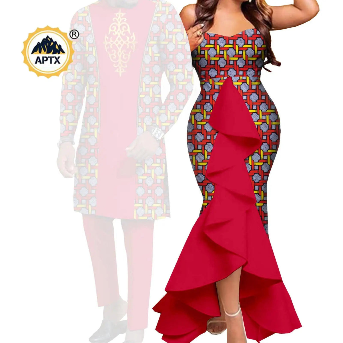 Dashiki African Couple Wedding Set – Women’s Mermaid Dress & Matching Men’s Bazin Riche Shirt and Pants - Free Delivery