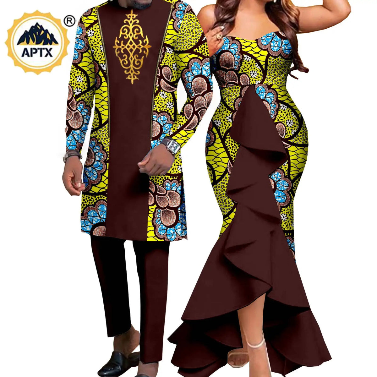 Dashiki African Couple Wedding Set – Women’s Mermaid Dress & Matching Men’s Bazin Riche Shirt and Pants - Free Delivery Worldwide only at Flexi Africa