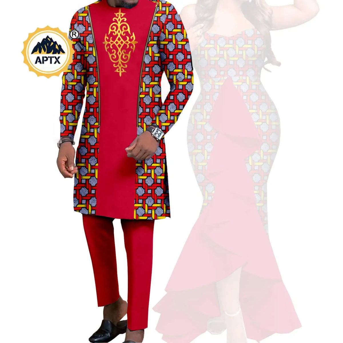 Dashiki African Couple Wedding Set – Women’s Mermaid Dress & Matching Men’s Bazin Riche Shirt and Pants - Free Delivery Worldwide only at Flexi Africa