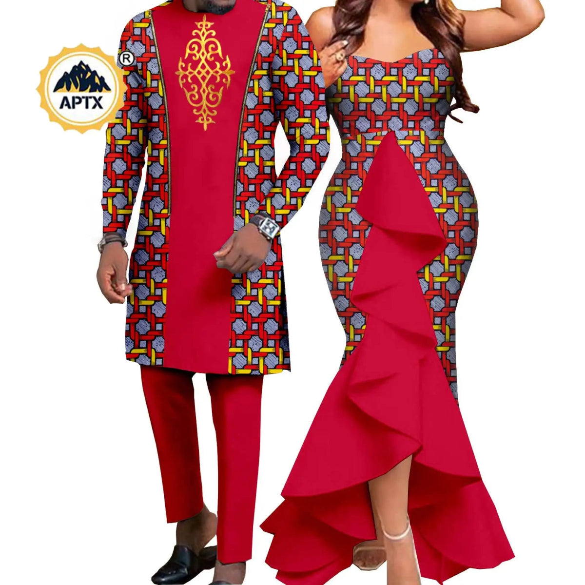 Dashiki African Couple Wedding Set – Women’s Mermaid Dress & Matching Men’s Bazin Riche Shirt and Pants - Free Delivery