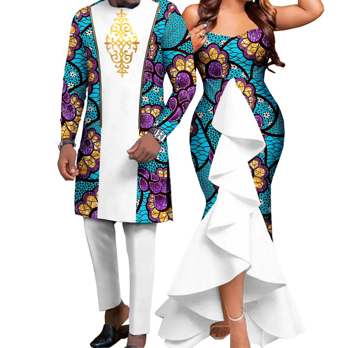 Dashiki African Couple Wedding Set – Women’s Mermaid Dress & Matching Men’s Bazin Riche Shirt and Pants - Free Delivery