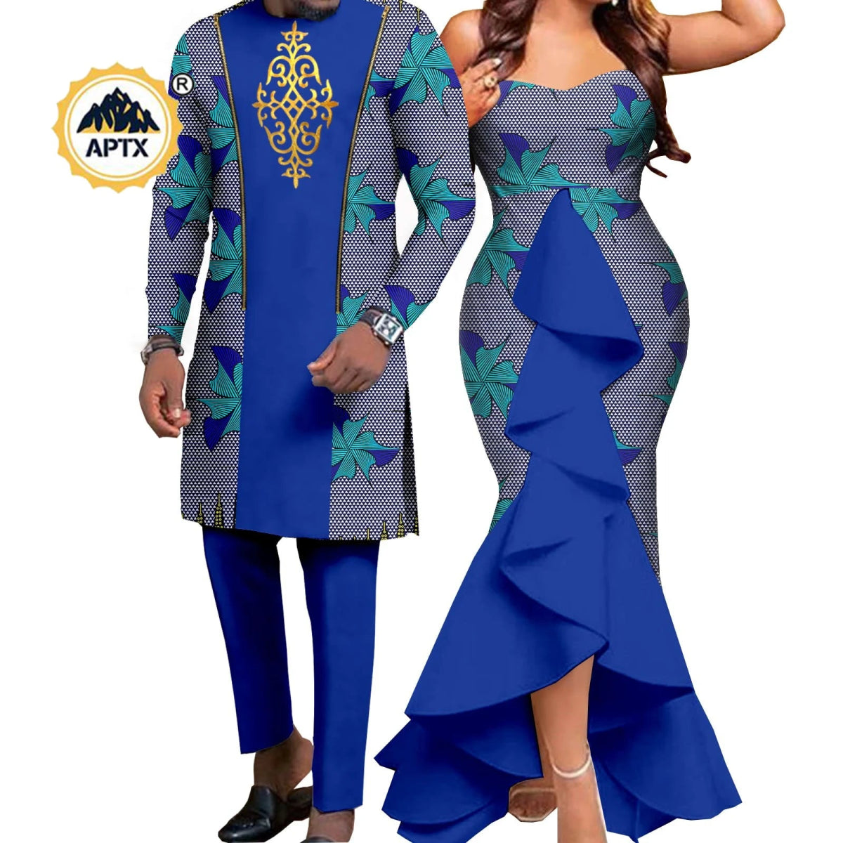 Dashiki African Couple Wedding Set – Women’s Mermaid Dress & Matching Men’s Bazin Riche Shirt and Pants - Free Delivery