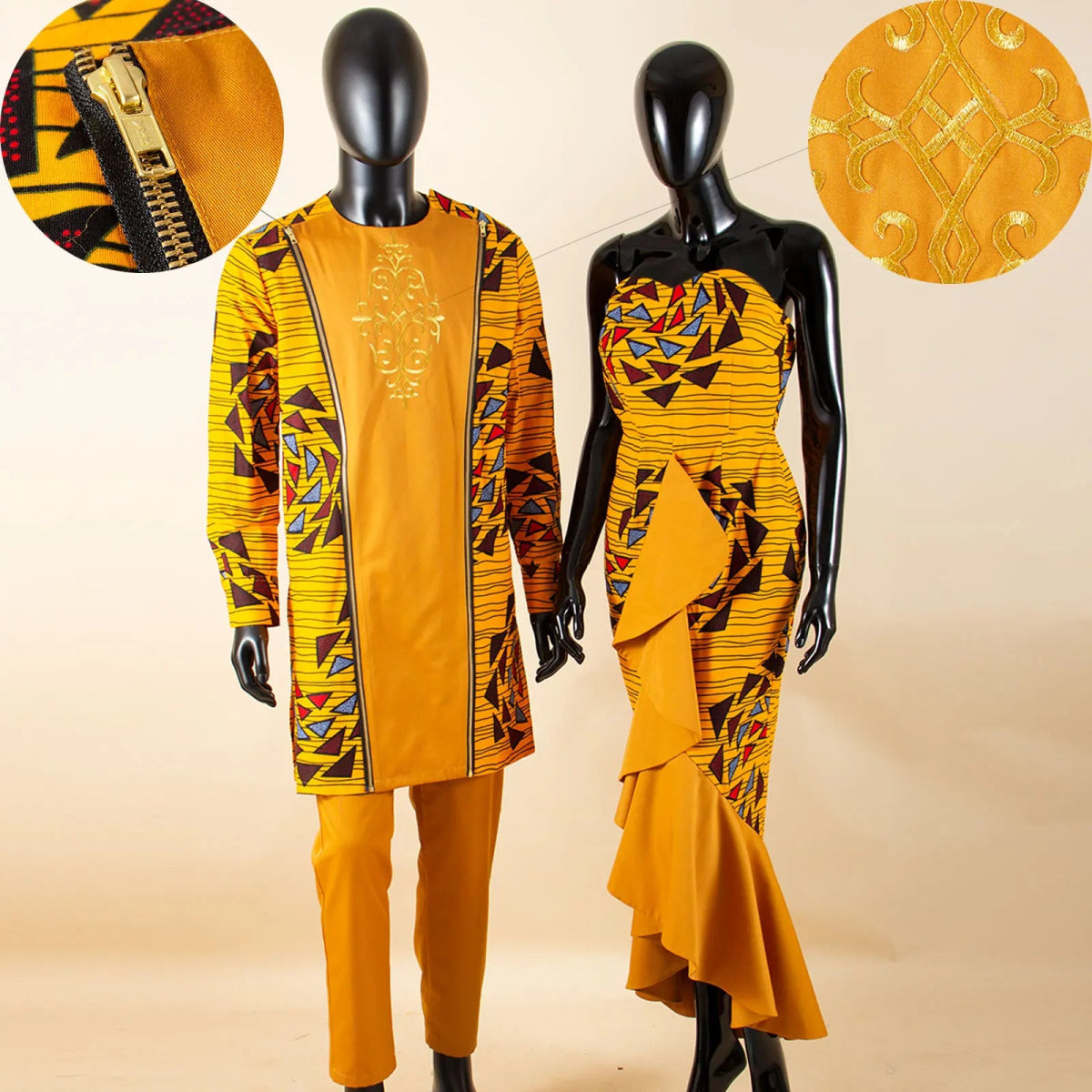 Dashiki African Couple Wedding Set – Women’s Mermaid Dress & Matching Men’s Bazin Riche Shirt and Pants - Free Delivery