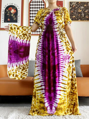 Dashiki Cotton Floral Print Dress for Women - Vibrant Tie-dye Design, Short Sleeves - Flexi Africa - www.flexiafrica.com