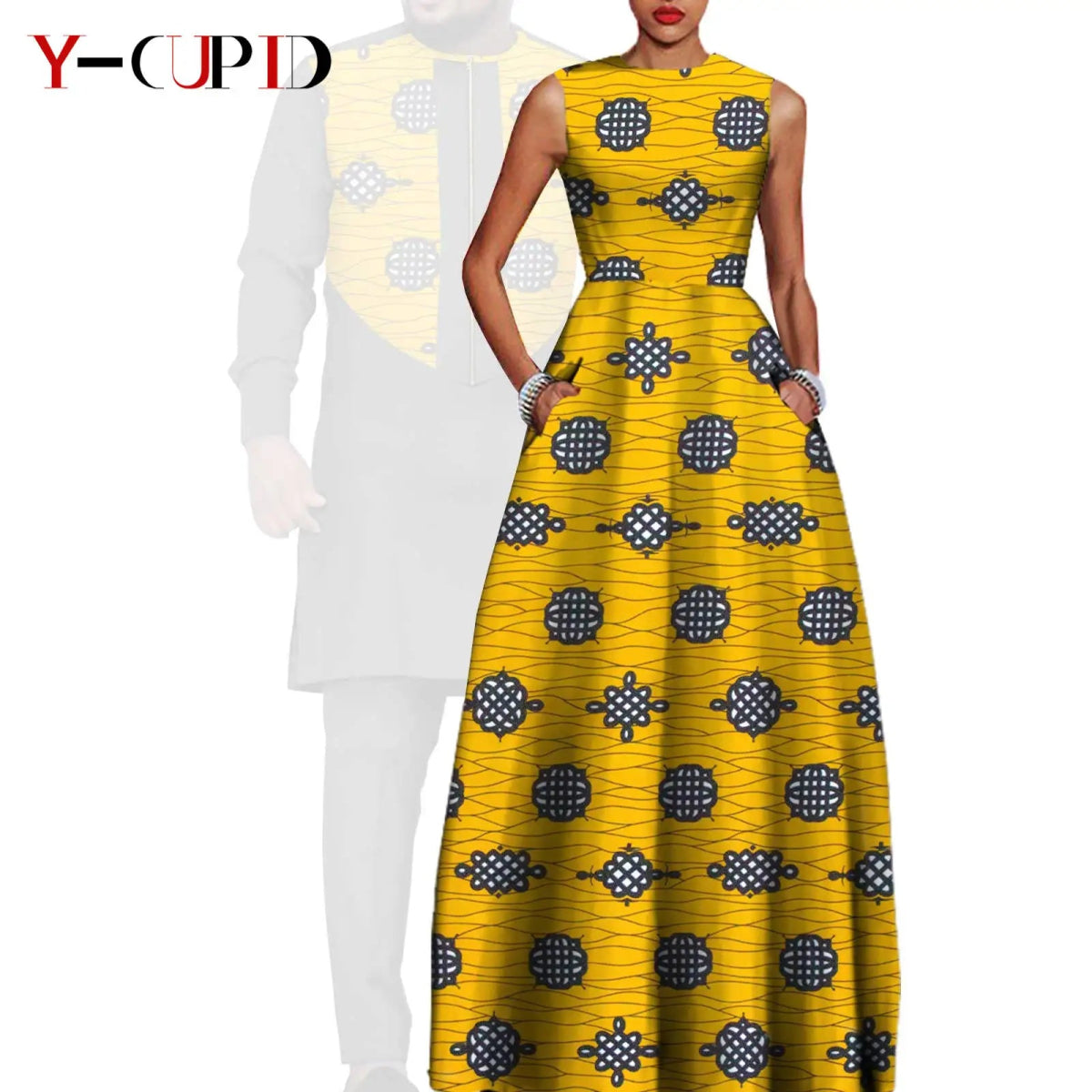 Dashiki Couple Outfit Set – Women’s African Dress with Men’s Bazin Riche Top and Pants for Special Occasions - Free Delivery Worldwide only at Flexi Africa