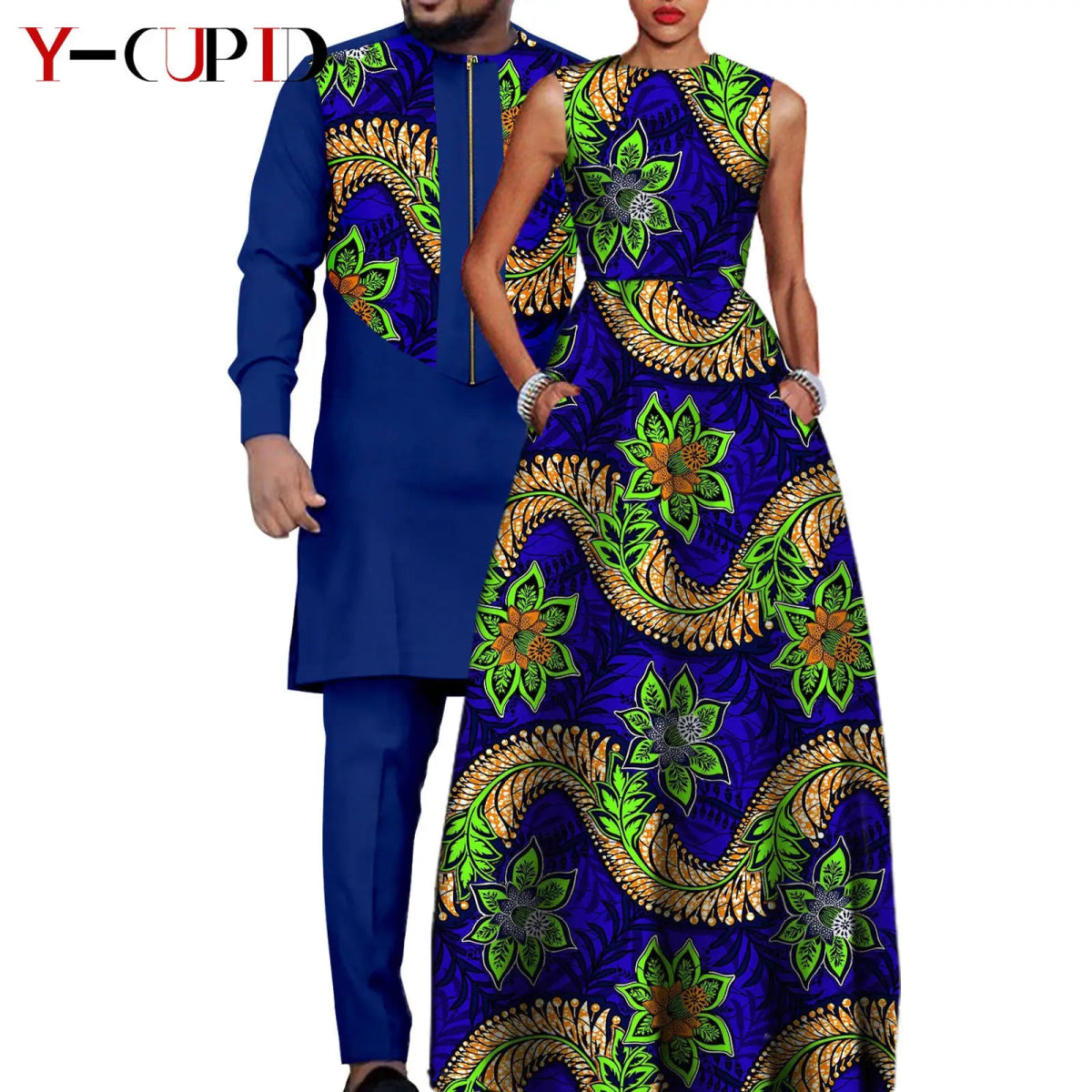 Dashiki Couple Outfit Set – Women’s African Dress with Men’s Bazin Riche Top and Pants for Special Occasions - Free Delivery Worldwide only at Flexi Africa