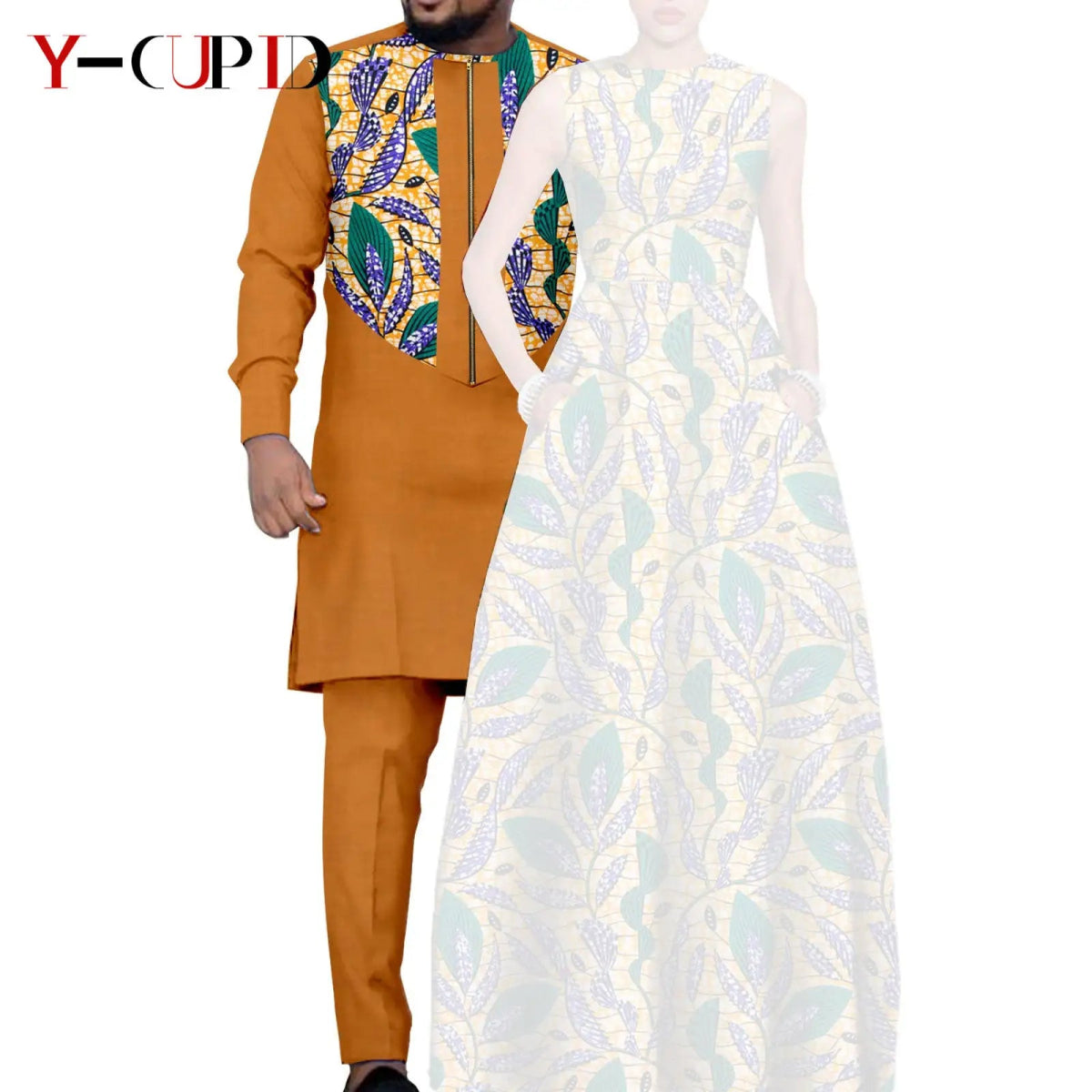 Dashiki Couple Outfit Set – Women’s African Dress with Men’s Bazin Riche Top and Pants for Special Occasions - Free Delivery Worldwide only at Flexi Africa
