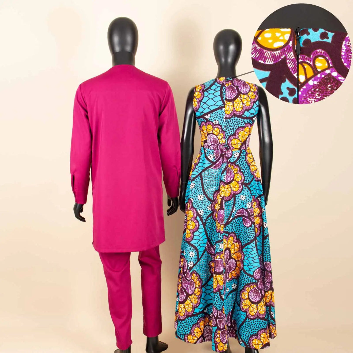 Dashiki Couple Outfit Set – Women’s African Dress with Men’s Bazin Riche Top and Pants for Special Occasions - Free Delivery Worldwide only at Flexi Africa