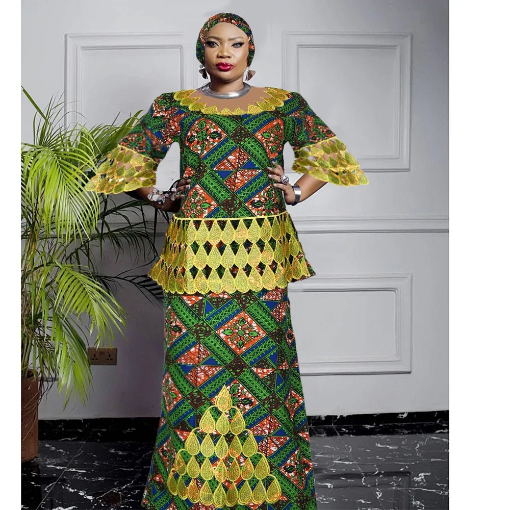 Dashiki Embroidery Plus Size Matching Sets: African Clothes for Women - Wedding Party Evenings, Complete with Headscar - Free Delivery Worldwide only at Flexi Africa