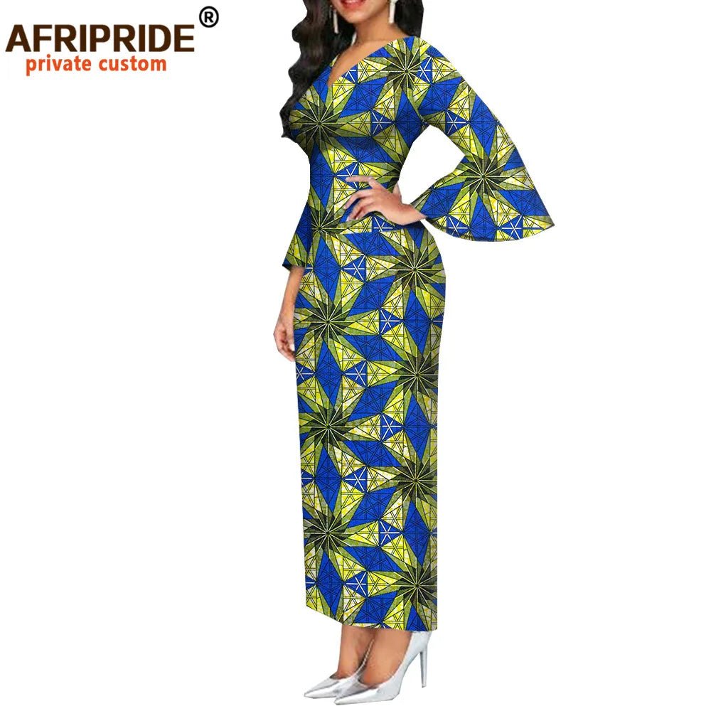 Dashiki Print Bodycon Maxi Dress – Women’s African V - Neck Flare Sleeve Party & Formal Gown - Free Delivery Worldwide only at Flexi Africa
