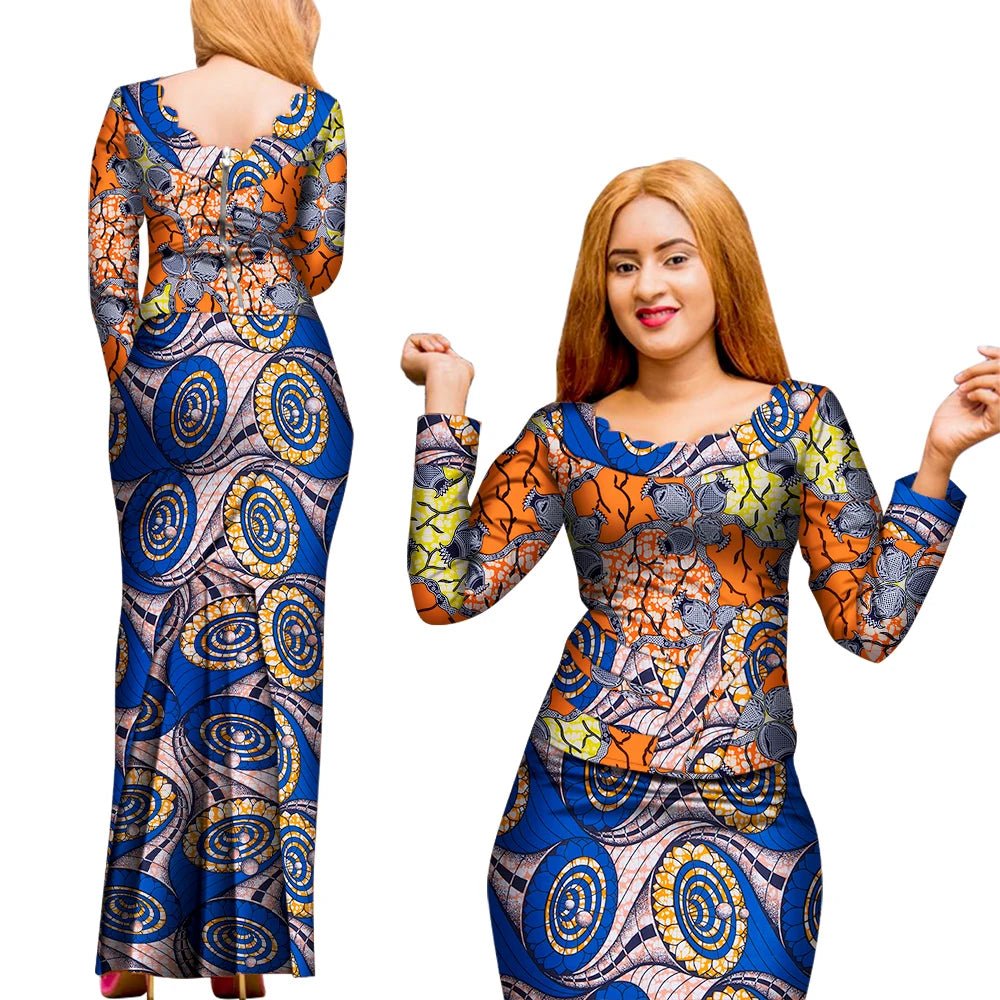 Elegant 2PC African Skirt and Top Set – Long Sleeve Blouse and Matching Maxi Skirt for Women - Free Delivery Worldwide only at Flexi Africa