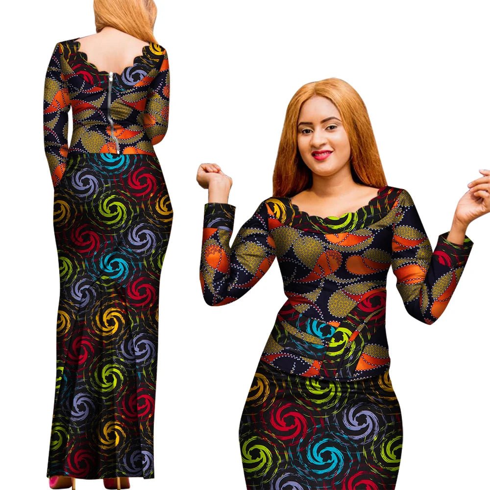 Elegant 2PC African Skirt and Top Set – Long Sleeve Blouse and Matching Maxi Skirt for Women - Free Delivery Worldwide only at Flexi Africa