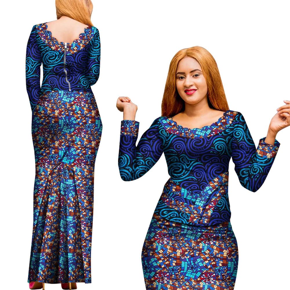 Elegant 2PC African Skirt and Top Set – Long Sleeve Blouse and Matching Maxi Skirt for Women - Free Delivery Worldwide only at Flexi Africa