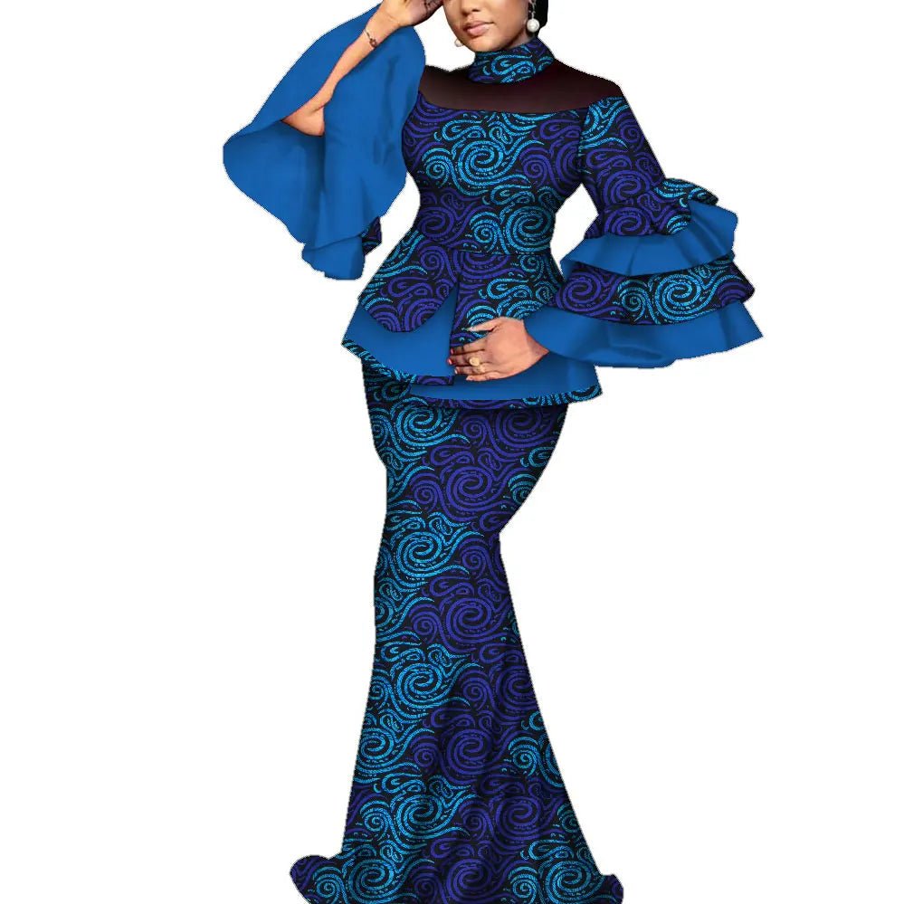 Elegant African Dashiki Outfit for Women – Flare Sleeve Blouse and Maxi Long Skirt 2PC Set - Free Delivery Worldwide only at Flexi Africa