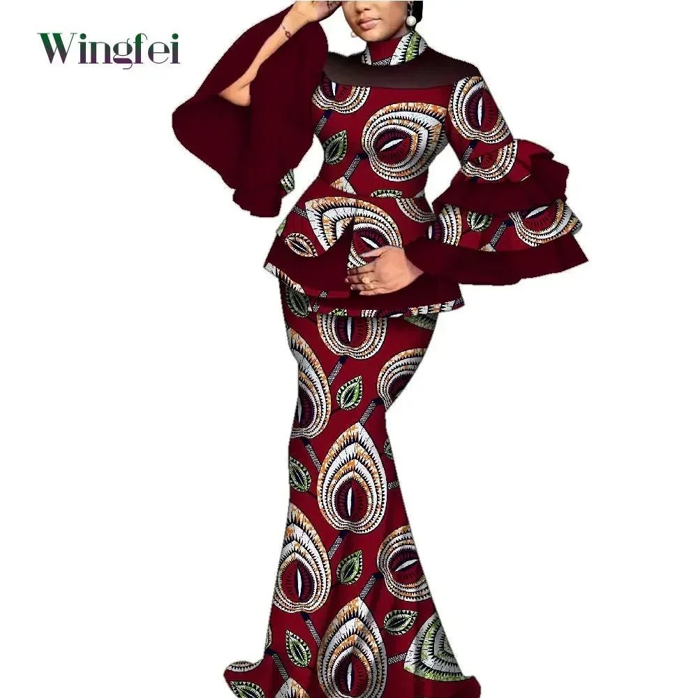 Elegant African Dashiki Outfit for Women – Flare Sleeve Blouse and Maxi Long Skirt 2PC Set - Free Delivery Worldwide only at Flexi Africa