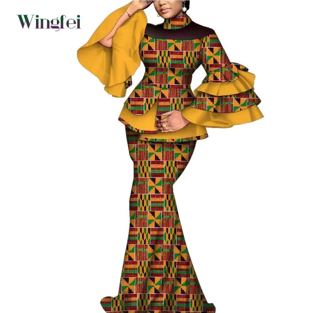 Elegant African Dashiki Outfit for Women – Flare Sleeve Blouse and Maxi Long Skirt 2PC Set - Free Delivery Worldwide only at Flexi Africa