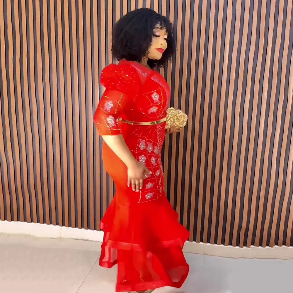 Elegant African Dresses for Women Ruffle Diamond Mermaid Evening Party Dress Wedding Ankara Gown Belt Robe Dashiki Kaftan Abaya - Free Delivery Worldwide only at Flexi Africa