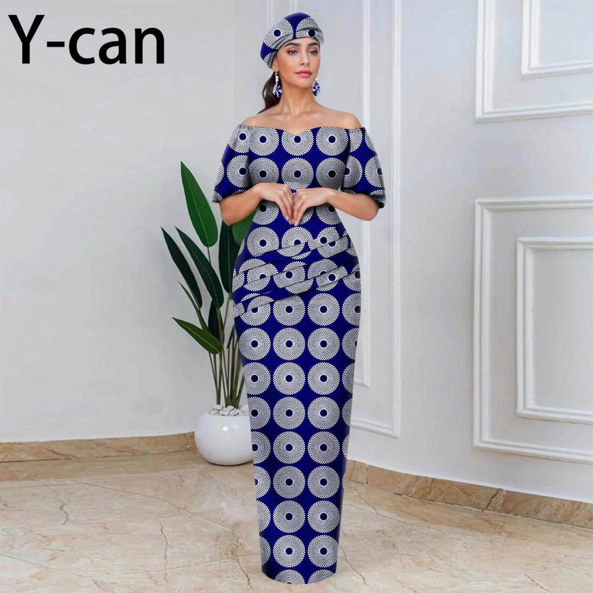 Elegant African Off - Shoulder Maxi Dress with Matching Headscarf & Earrings - Free Delivery Worldwide only at Flexi Africa