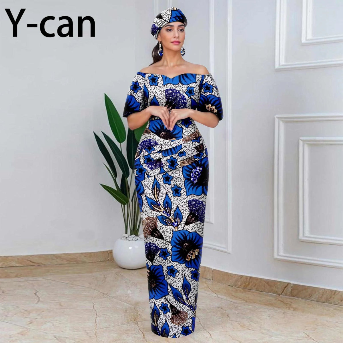 Elegant African Off - Shoulder Maxi Dress with Matching Headscarf & Earrings - Free Delivery Worldwide only at Flexi Africa