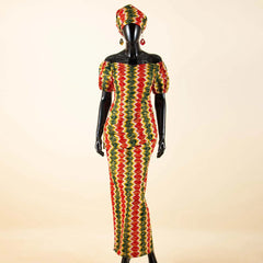 Elegant African Off - Shoulder Maxi Dress with Matching Headscarf & Earrings - Free Delivery Worldwide only at Flexi Africa