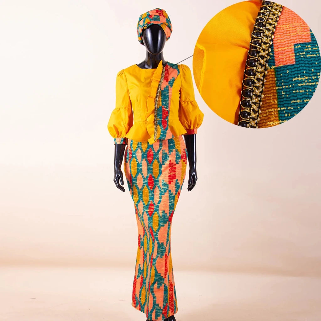Elegant African Skirt Set – Lantern Sleeve Ruffled Top, Slim Skirt & Matching Headwrap - Free Delivery Worldwide only at Flexi Africa