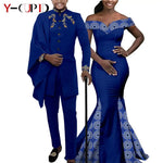 Elegant African Wedding Couple Outfits – Women's Slim Fit Mermaid Dress & Men's Bazin Riche Jacket Pant Set with Hat - Free Delivery Worldwide only at Flexi Africa