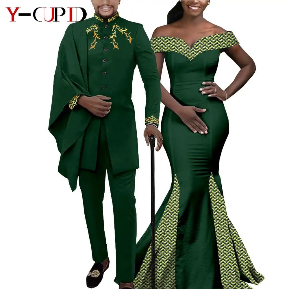 Elegant African Wedding Couple Outfits – Women's Slim Fit Mermaid Dress & Men's Bazin Riche Jacket Pant Set with Hat - Free Delivery Worldwide only at Flexi Africa