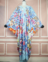 Elegant Boho Floral Summer Kaftan – V - Neck Silk Maxi Dress for African Women - Free Delivery Worldwide only at Flexi Africa