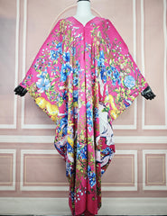 Elegant Boho Floral Summer Kaftan – V - Neck Silk Maxi Dress for African Women - Free Delivery Worldwide only at Flexi Africa