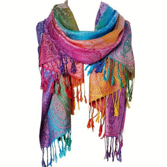 Elegant Jacquard Satin Paisley Scarf: Boho Rainbow Gradient Tassel Shawl - Trendy Windproof Warm Wrap - Free Delivery