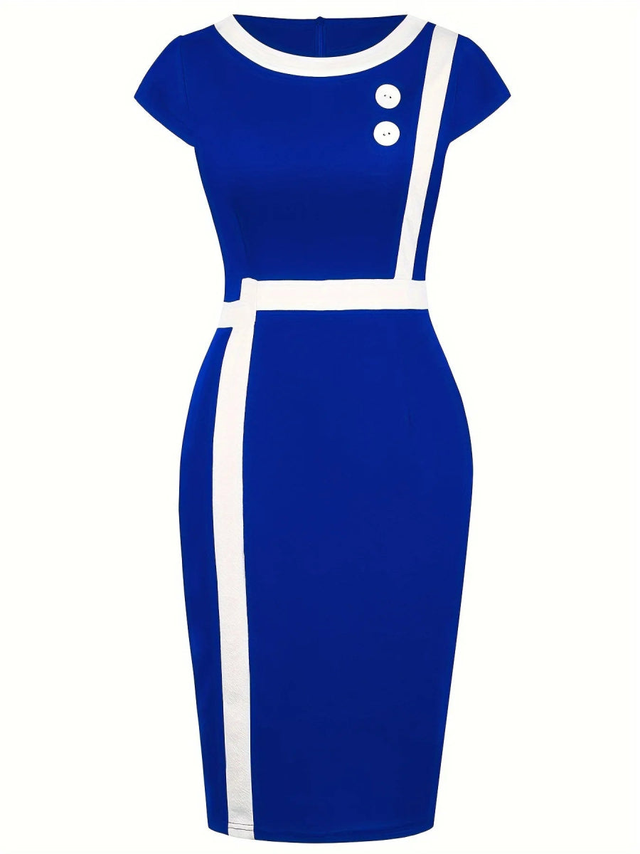 Elegant Patchwork Black White Dress Women Summer O - Neck Short Sleeve Slim Office Lady Pencil Bodycon Dresses Party Vestido - Free Delivery Worldwide only at Flexi Africa